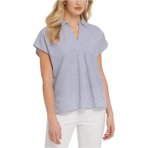 DKNY Womens Tunic Top Striped Surplice Neckline Cap Sleeve Light Blue Size XS - Picture 1 of 4